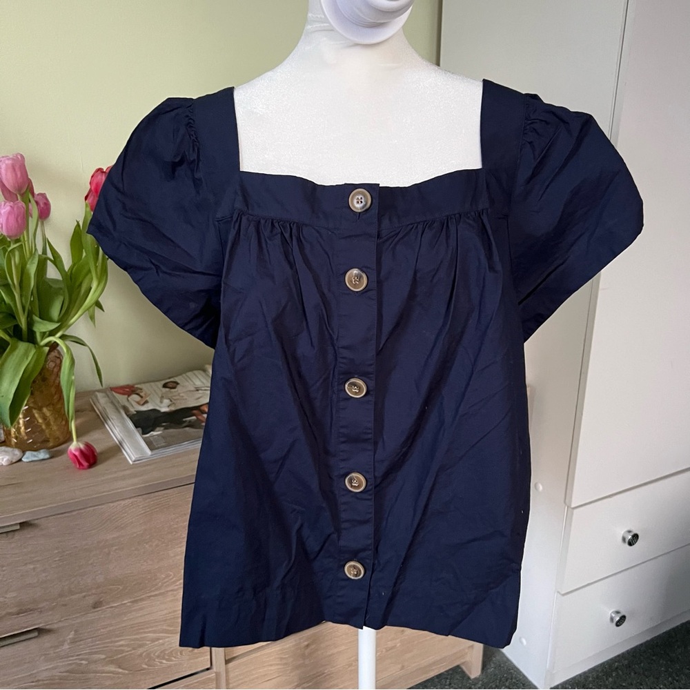 J CREW Navy Blue 100% Cotton Square-Neck Button Puff Cap Sleeve Poplin Blouse XL - Picture 4 of 16